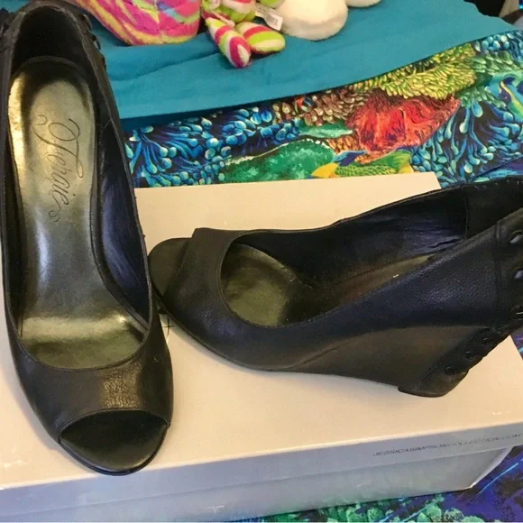 Fergie Black Peep-Toe Wedges - Picture 6 of 7